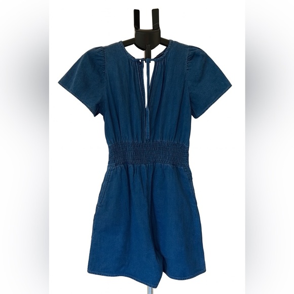 By Anthropologie Denim Romper Women’s Size Small Blue Smocked Waist Short Sleeve - Picture 1 of 4
